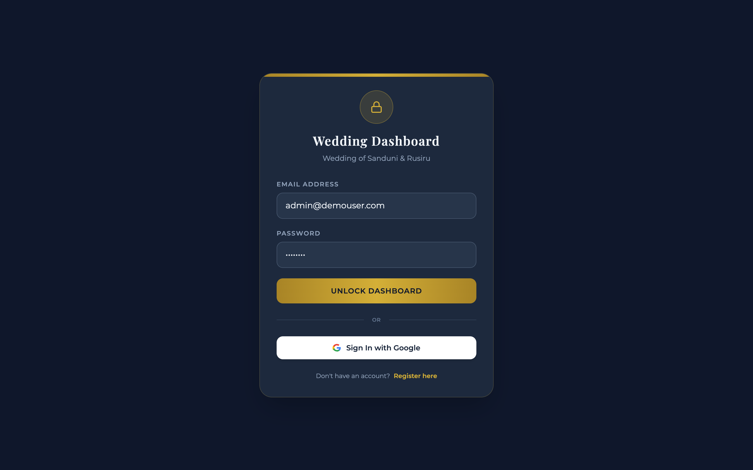 Wedding Control Dashboard